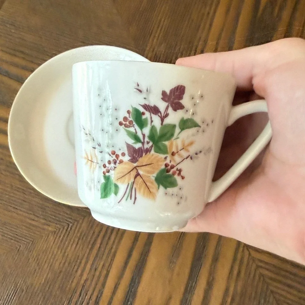 Vintage Kahla Konitz Demitasse Cup Saucer - Autumn Leaves Gold Rim Germany
